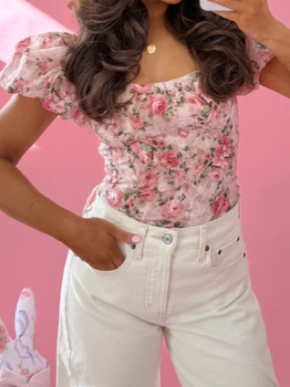 Olivaceous Pink Floral Puff-Sleeve Crop Top